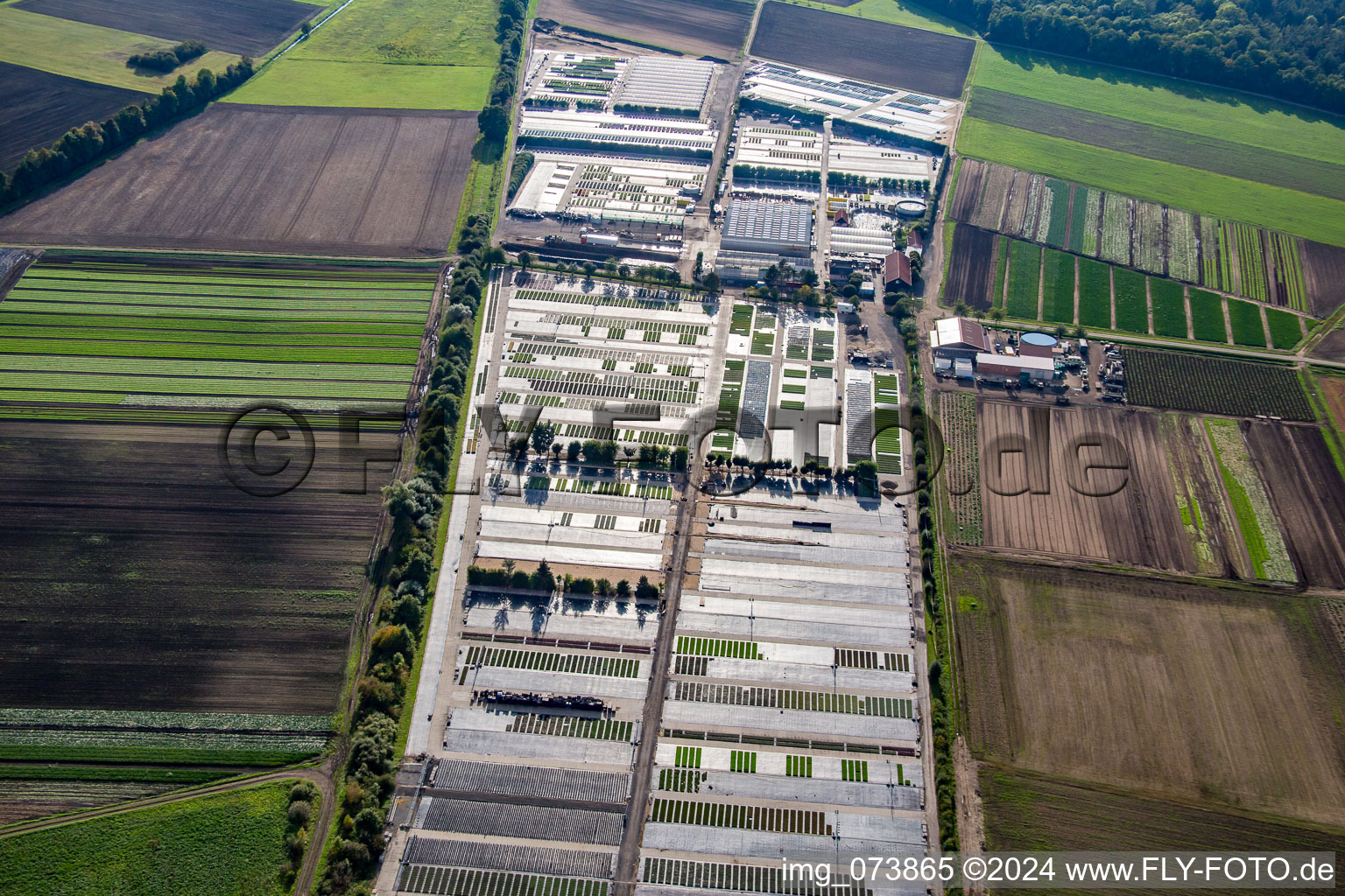 Aerial view of Dieter Denze nursery in Gochsheim in the state Bavaria, Germany