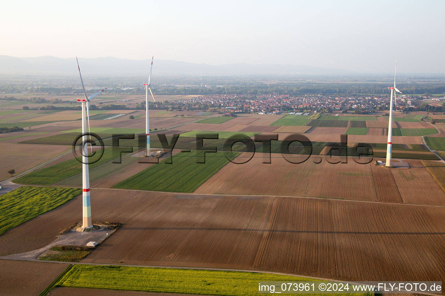 Aerial view of Wind farm in Offenbach an der Queich in the state Rhineland-Palatinate, Germany