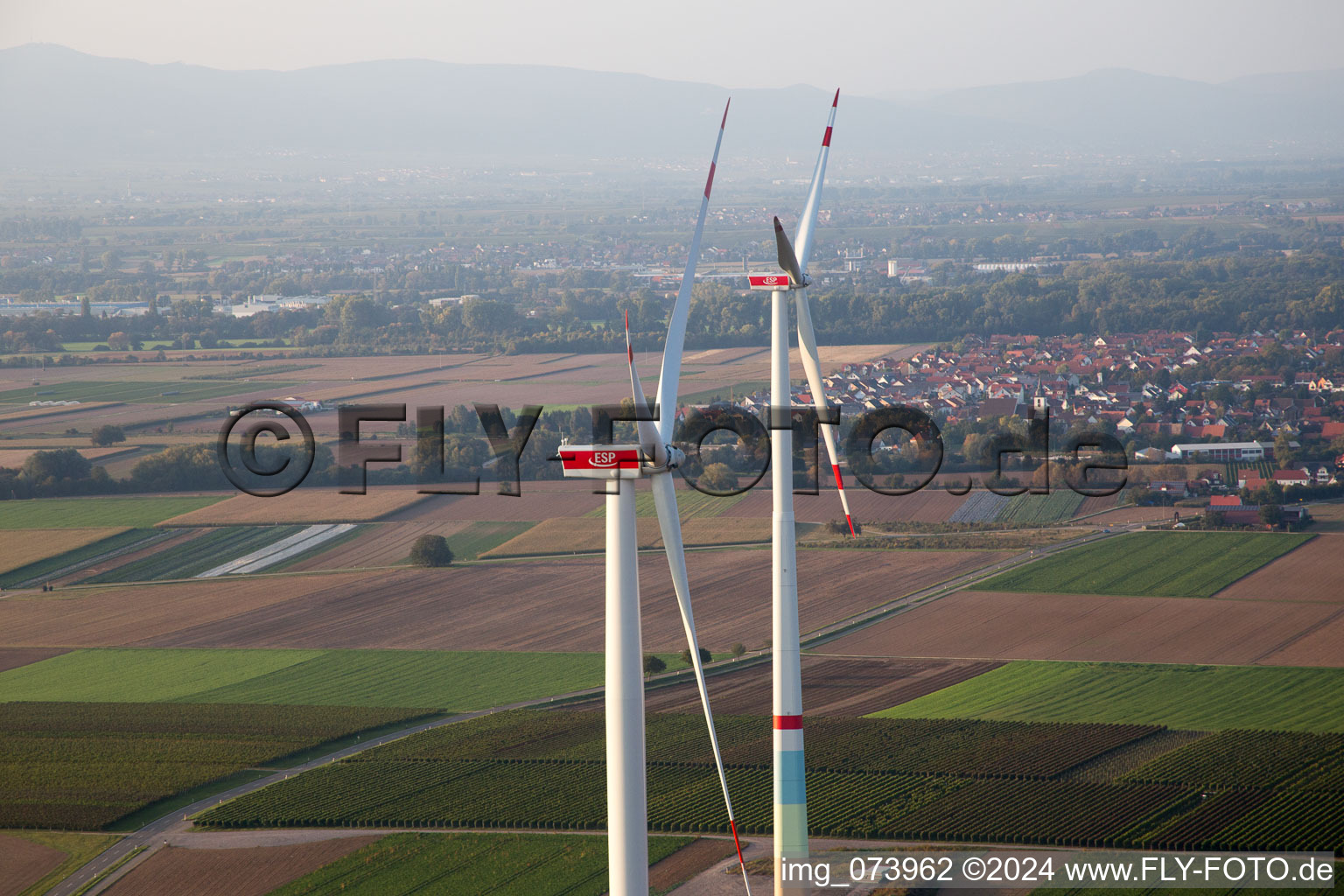 Aerial photograpy of Wind farm in Offenbach an der Queich in the state Rhineland-Palatinate, Germany