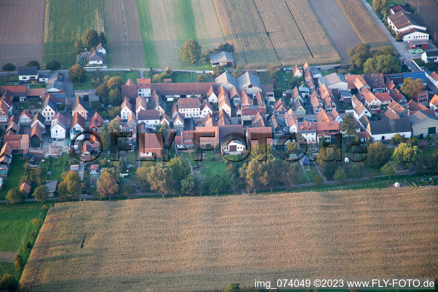 Aerial view of Gänsried in Freckenfeld in the state Rhineland-Palatinate, Germany