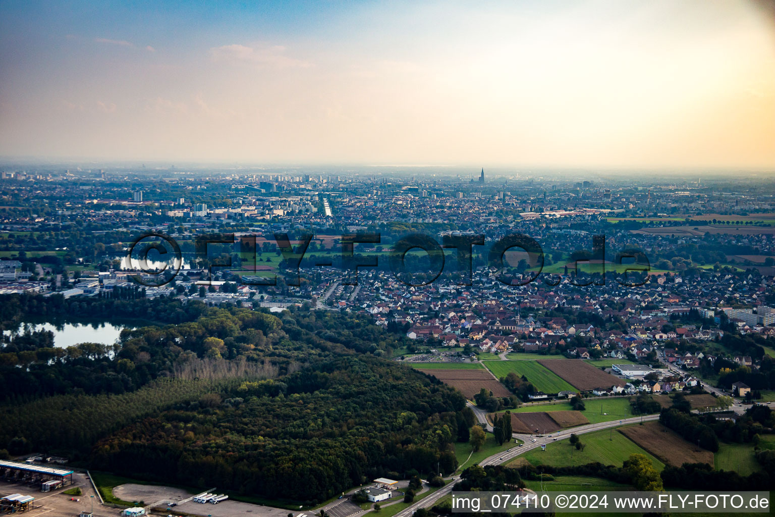 Aerial view of Strasbourg from the north in Hœnheim in the state Bas-Rhin, France