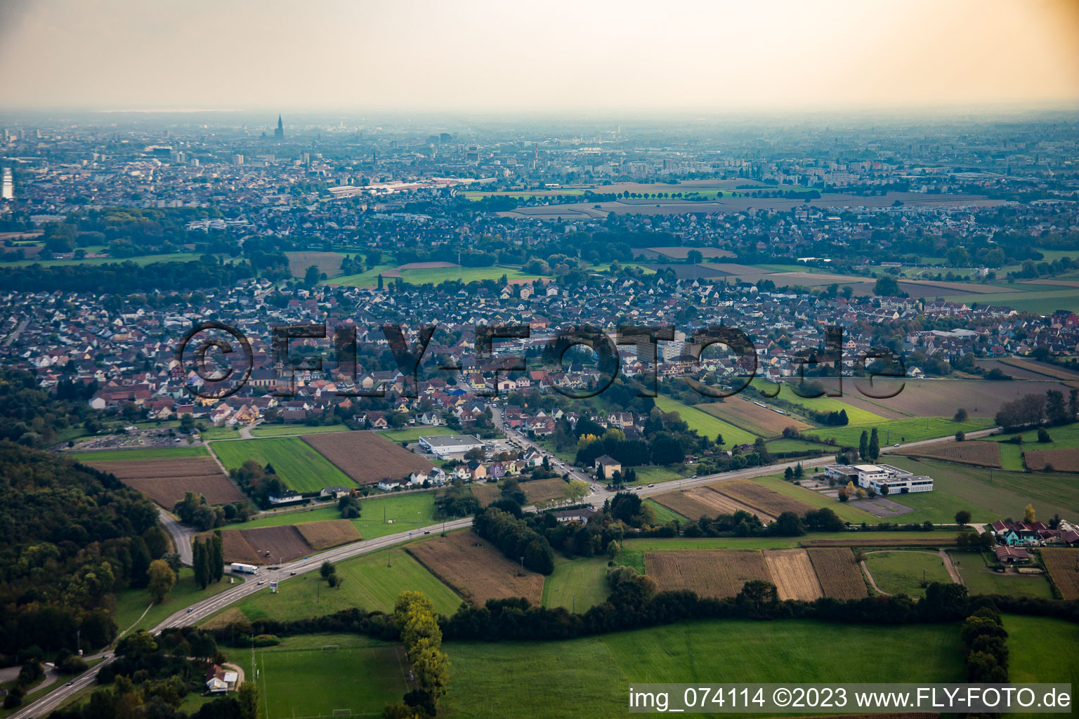 Aerial photograpy of Strasbourg from the north in Hœnheim in the state Bas-Rhin, France