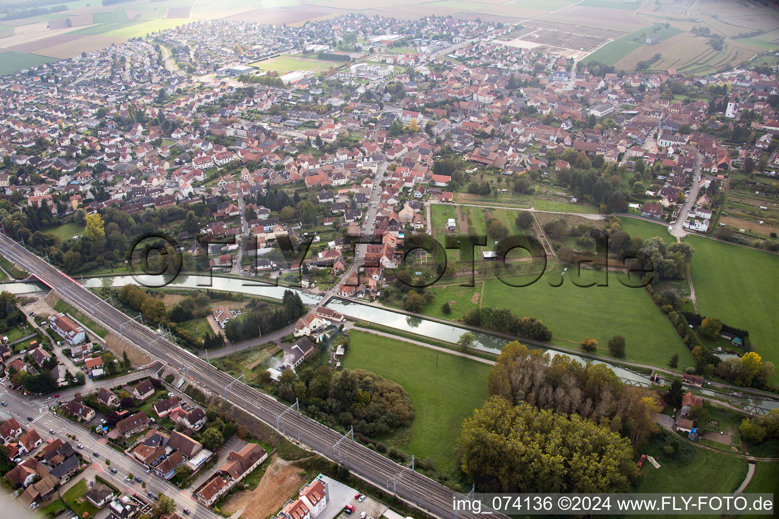 Aerial photograpy of River - bridge construction crossing the Muehlbach in Vendenheim in Grand Est, France