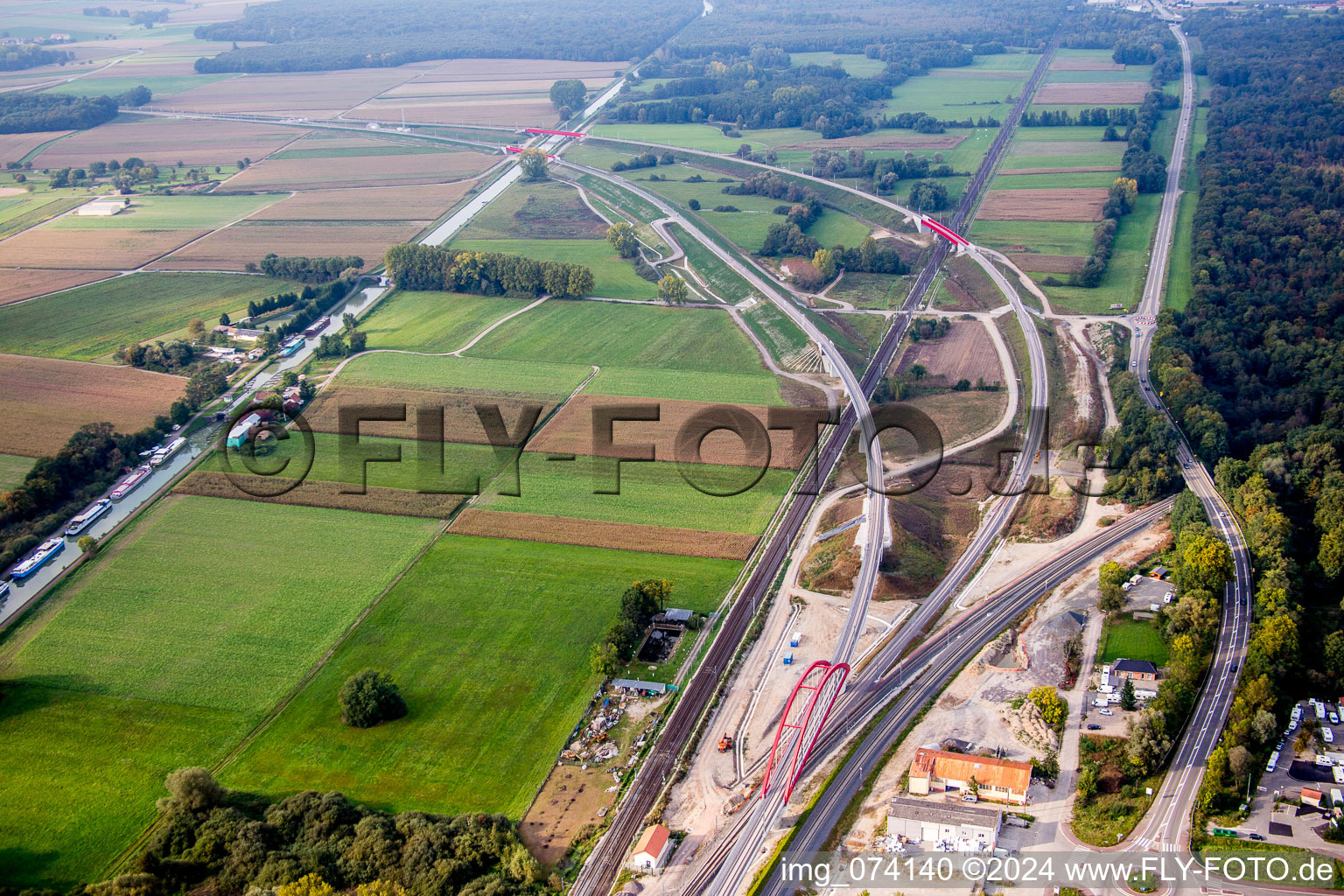 New construction site viaduct of the railway bridge construction crosssing the Marne-Rhine Channel in Eckwersheim in Grand Est, France