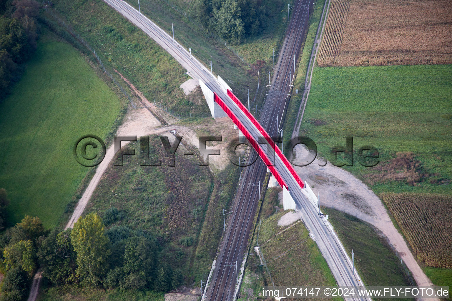 Aerial view of New construction site viaduct of the railway bridge construction crosssing the Marne-Rhine Channel in Eckwersheim in Grand Est, France