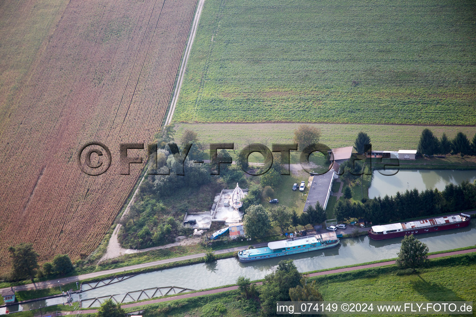 Aerial view of Vendenheim, Eckwersheim, Marne au Rhin canal in Eckwersheim in the state Bas-Rhin, France