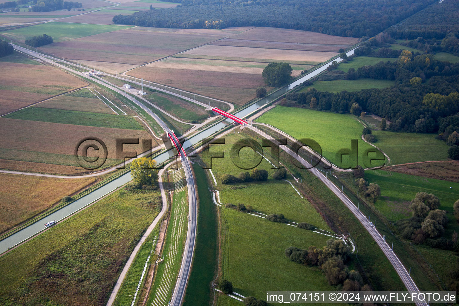 Railway bridge building to route the train tracks for the fast train (TGV) line Strasbourg-Paris over the channel Rhin-Rhone in Eckwersheim in Grand Est, France