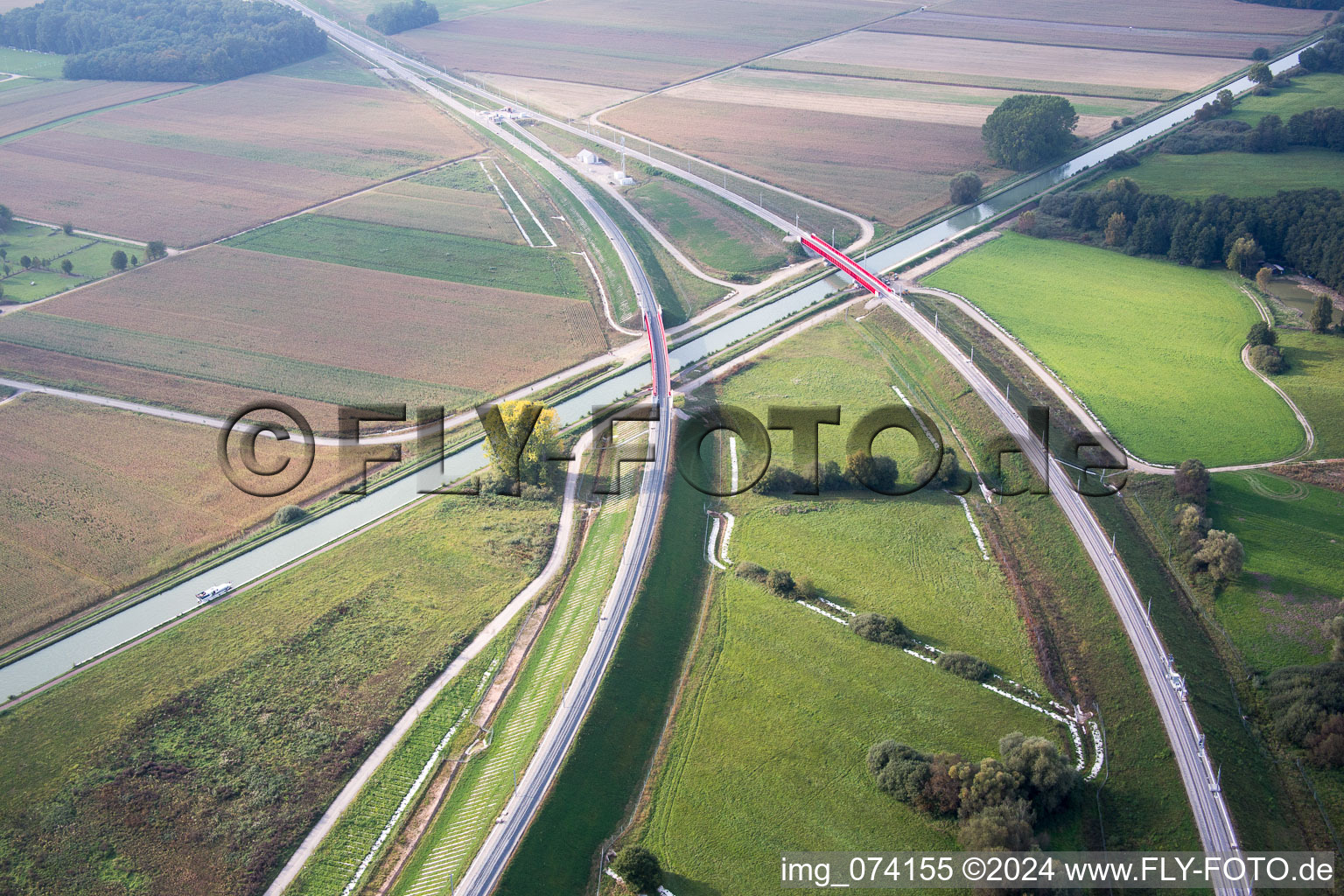 Aerial photograpy of New construction site viaduct of the railway bridge construction crosssing the Marne-Rhine Channel in Eckwersheim in Grand Est, France