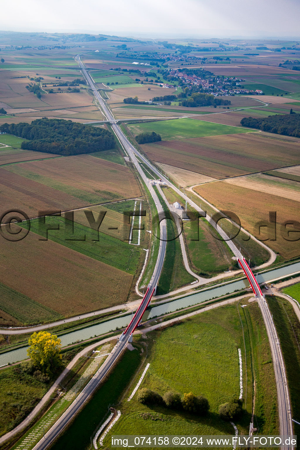 Oblique view of New construction site viaduct of the railway bridge construction crosssing the Marne-Rhine Channel in Eckwersheim in Grand Est, France