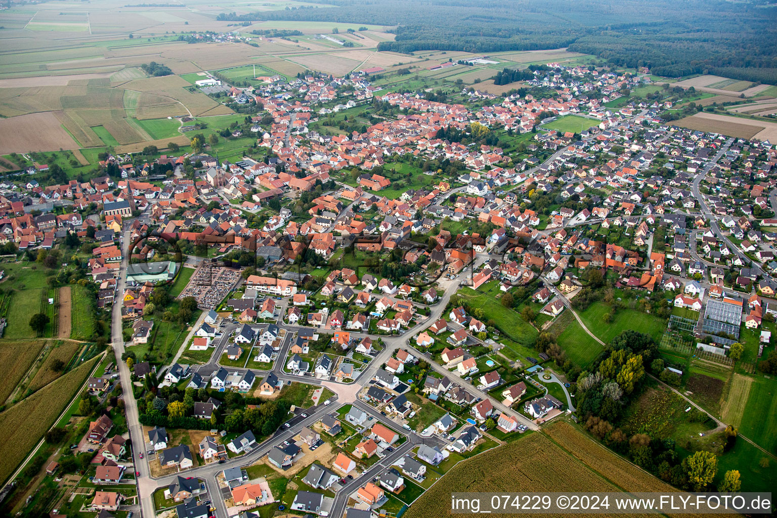 Aerial view of Village view in Weitbruch in Grand Est, France