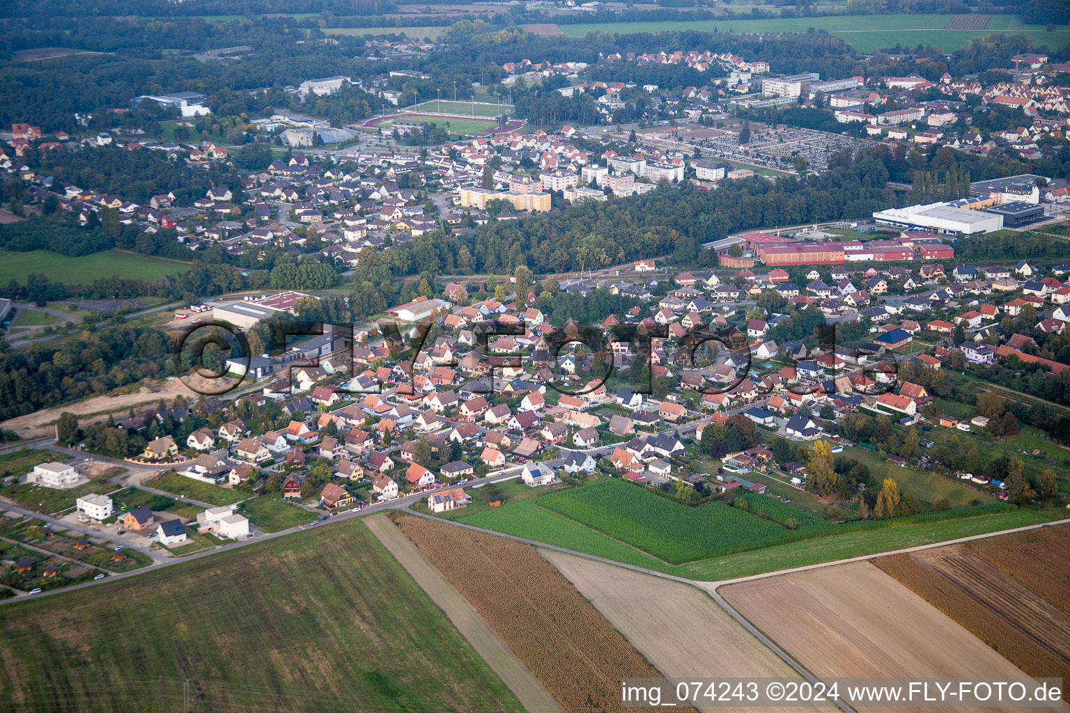 Aerial view of Town View of the streets and houses of the residential areas in Bischwiller in Grand Est, France