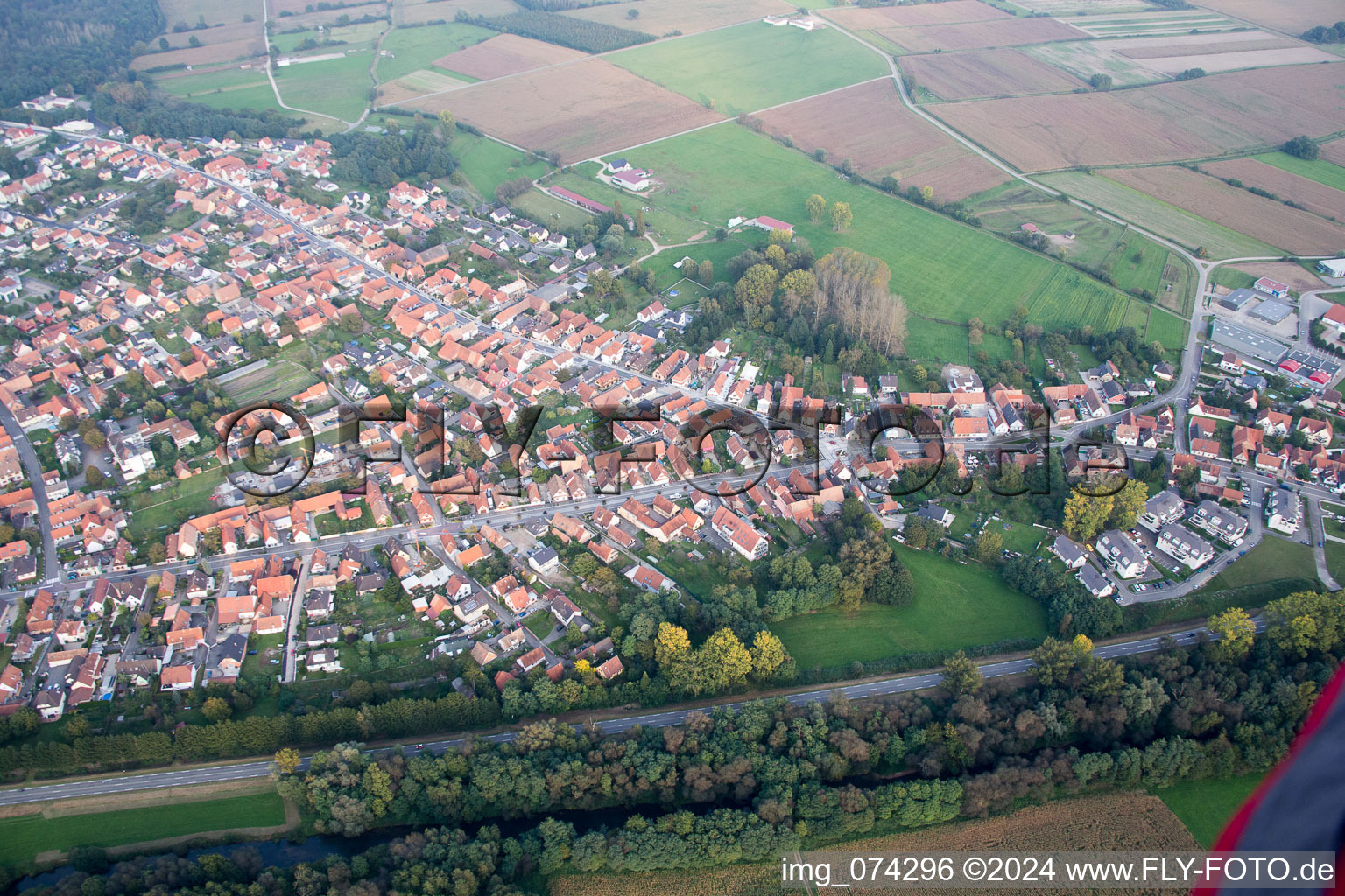 Aerial view of Oberhoffen-sur-Moder in the state Bas-Rhin, France