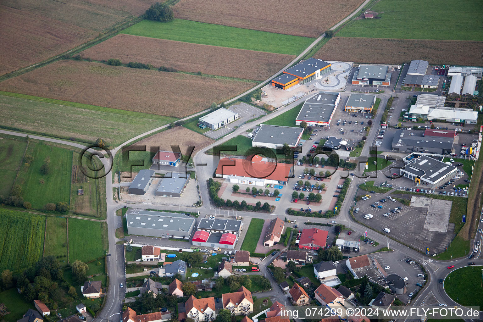 Oblique view of Oberhoffen-sur-Moder in the state Bas-Rhin, France