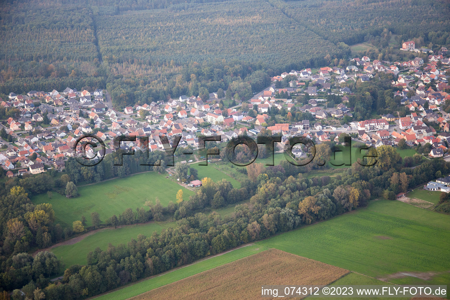 Aerial view of Schirrhein in the state Bas-Rhin, France