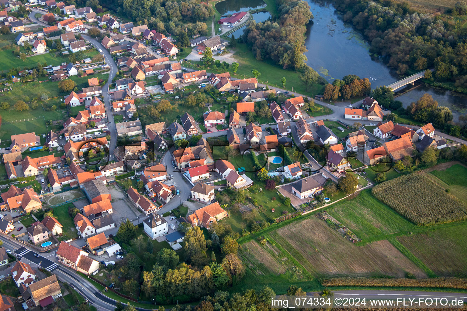 Aerial view of Pont Auenheim in Rountzenheim in the state Bas-Rhin, France