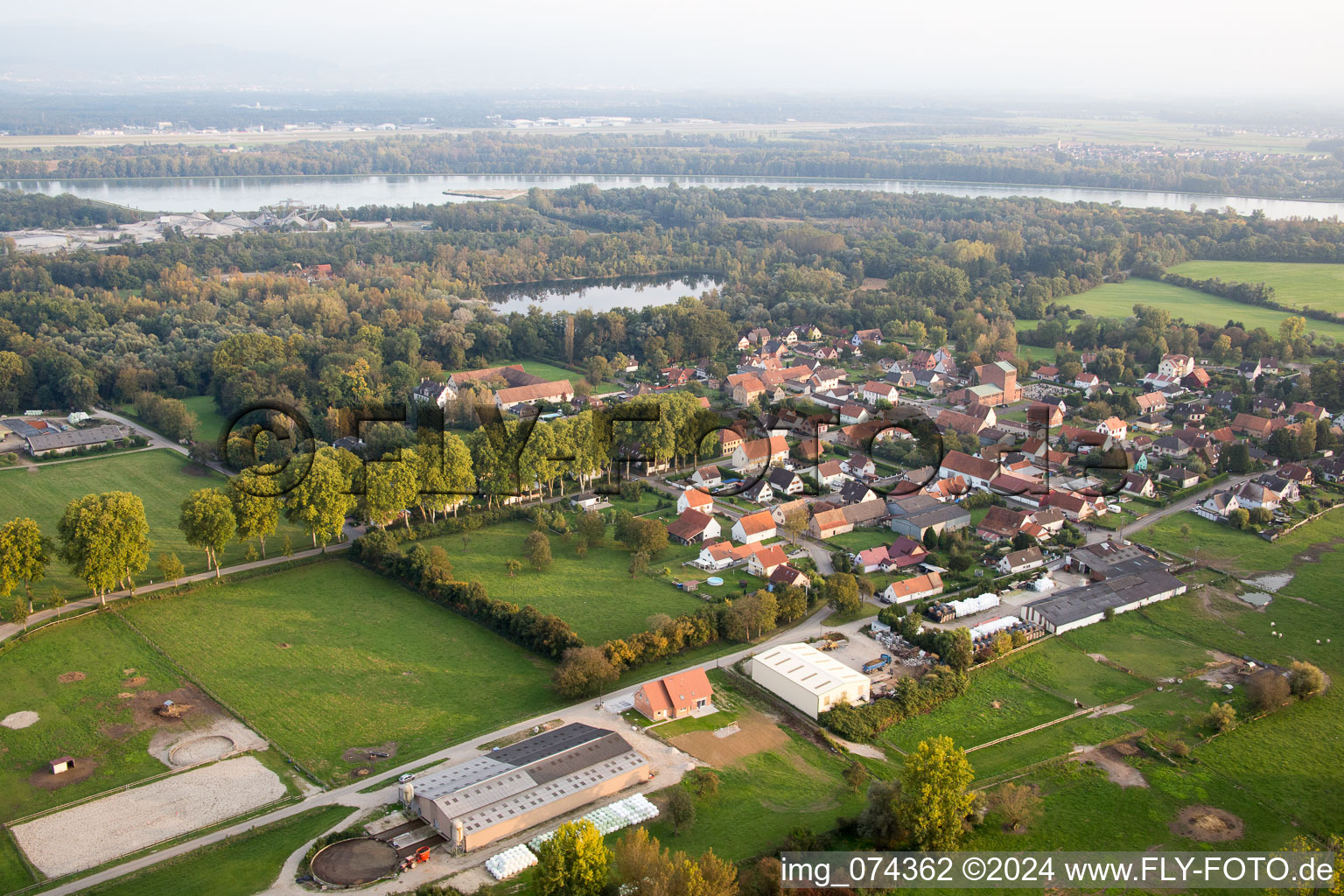 Village on the river bank areas of the Rhine river in Fort-Louis in Grand Est, France