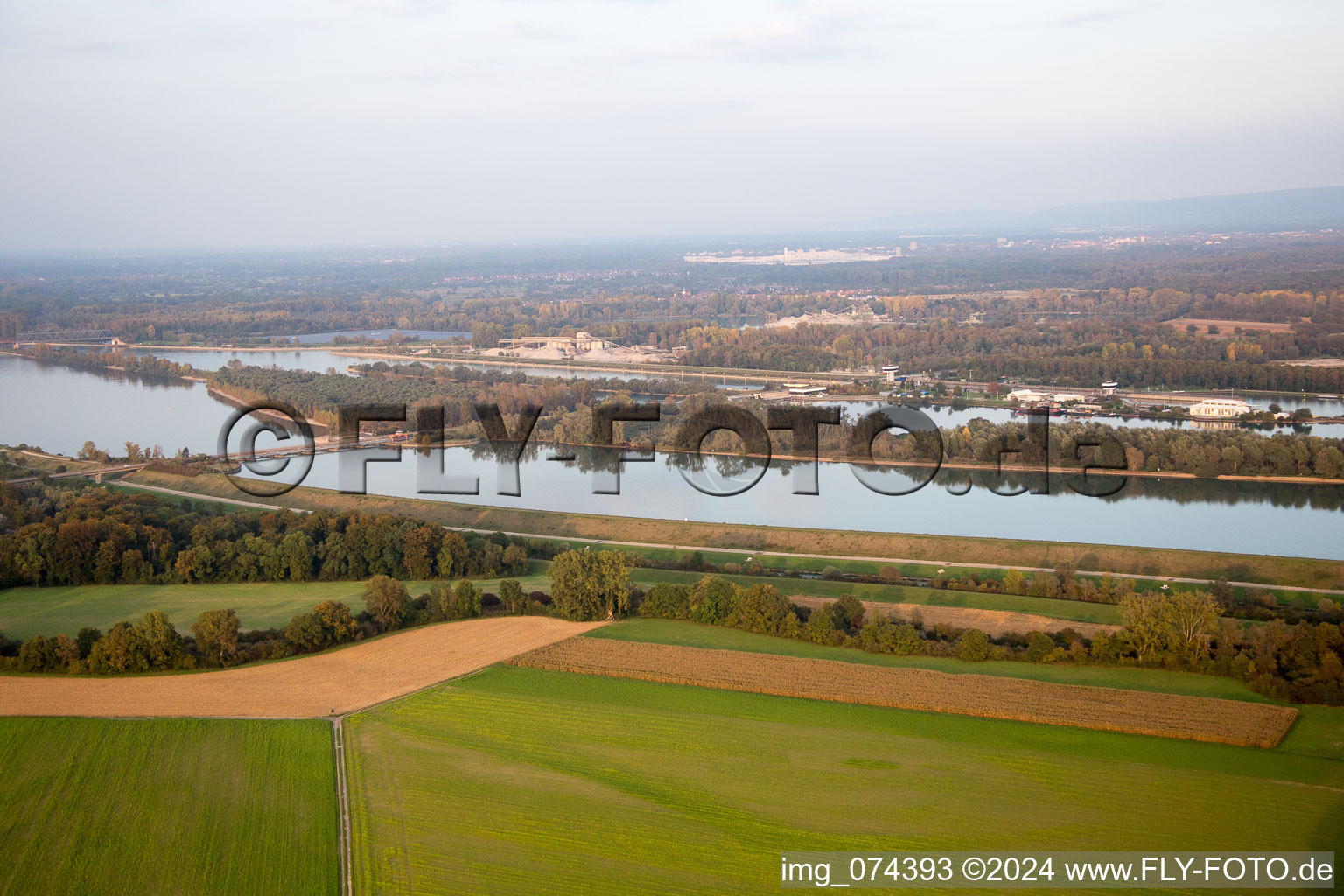 Aerial view of Sluice in Iffezheim in the state Baden-Wuerttemberg, Germany