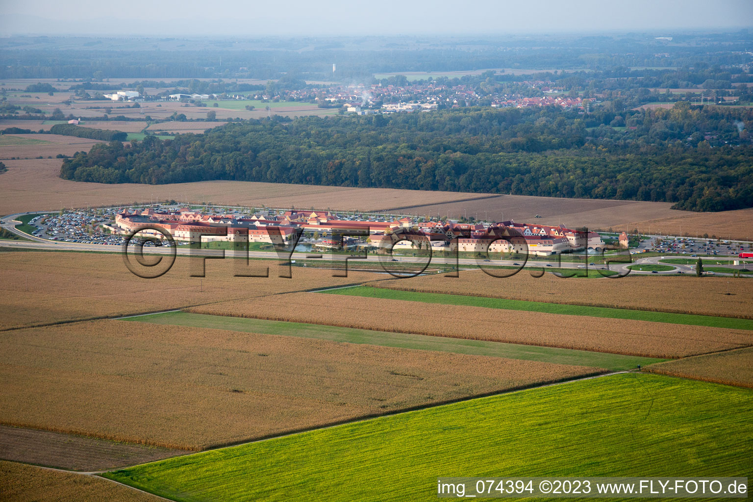 Aerial view of Style outlet center in Roppenheim in the state Bas-Rhin, France