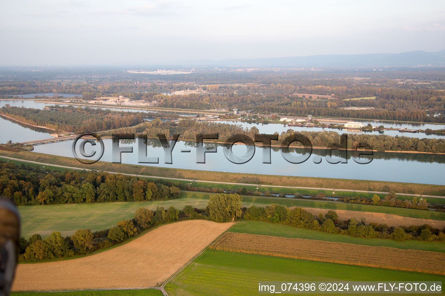 Aerial photograpy of Sluice in Iffezheim in the state Baden-Wuerttemberg, Germany