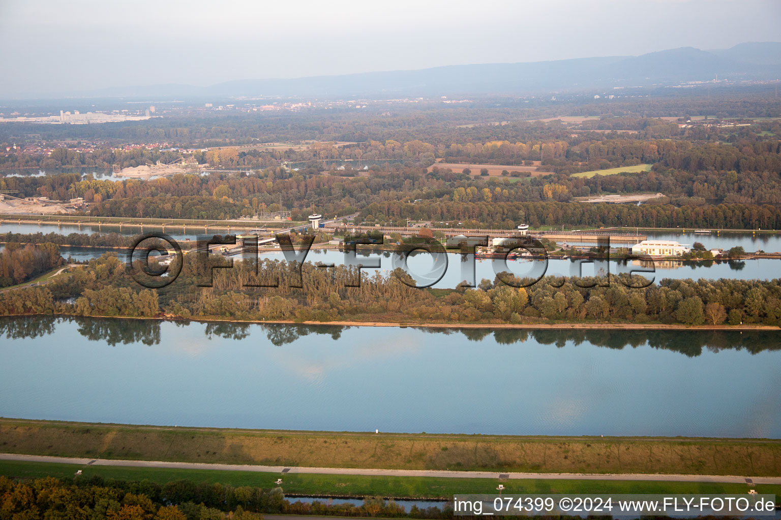 Sluice in Iffezheim in the state Baden-Wuerttemberg, Germany from above