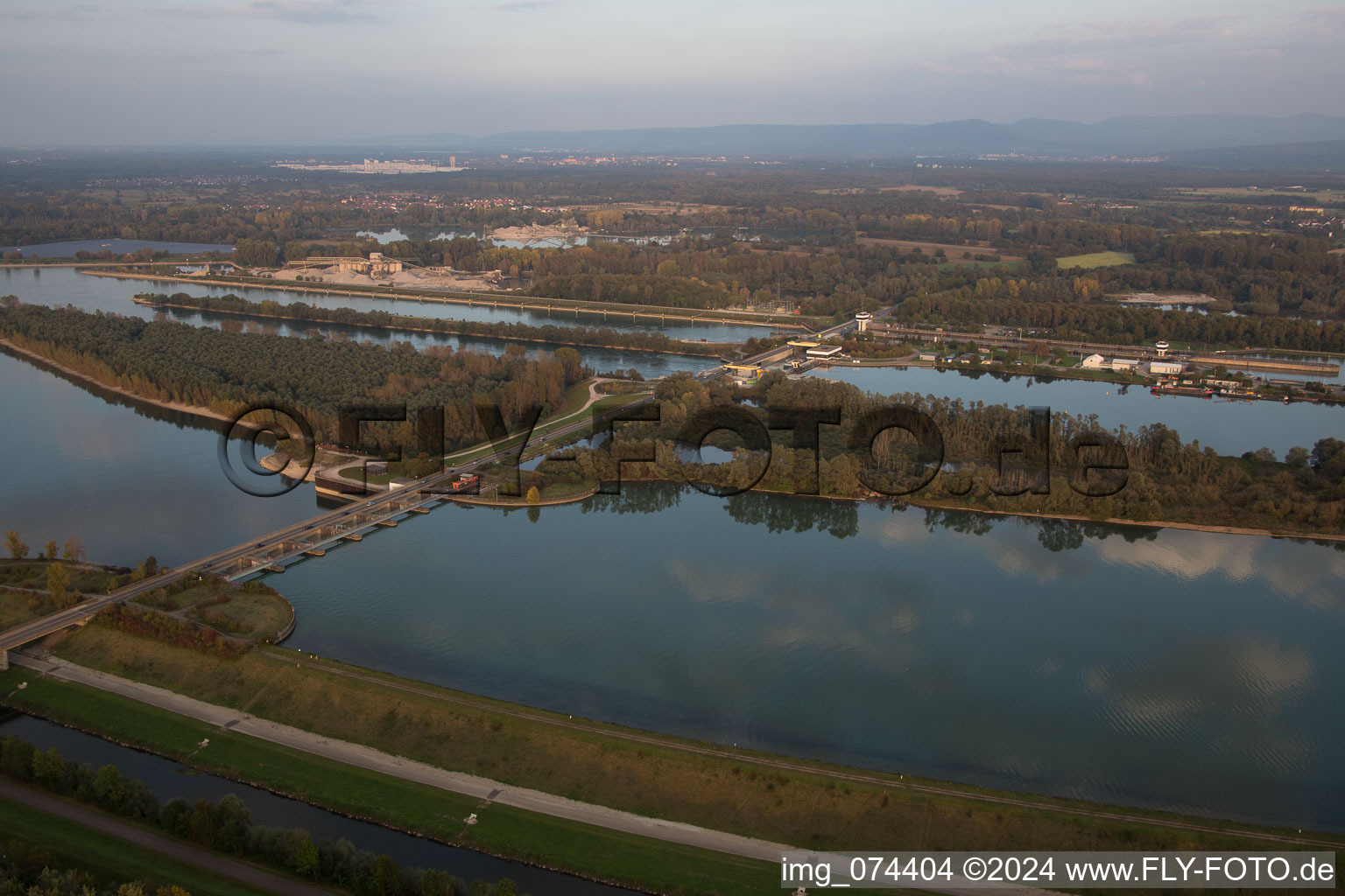 Aerial view of Locks - plants on the banks of the waterway of the Rhine EnBW Energie Baden-Wuerttemberg AG, Rheinkraftwerk Iffezheim in Iffezheim in the state Baden-Wurttemberg, Germany