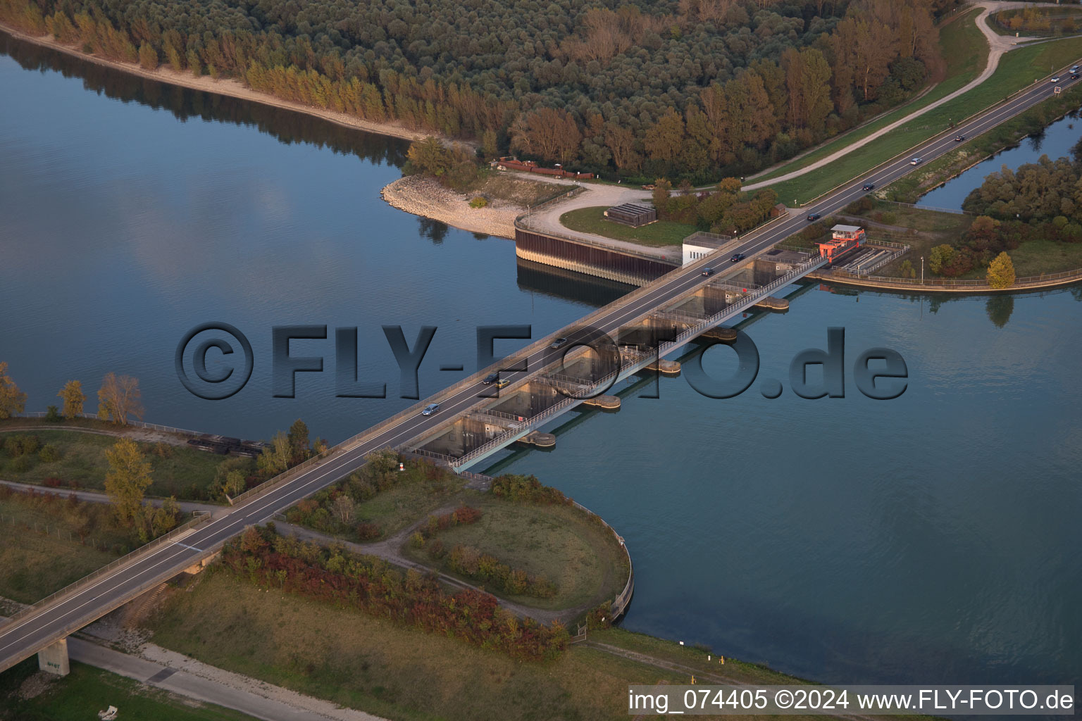 Aerial photograpy of Locks - plants on the banks of the waterway of the Rhine EnBW Energie Baden-Wuerttemberg AG, Rheinkraftwerk Iffezheim in Iffezheim in the state Baden-Wurttemberg, Germany