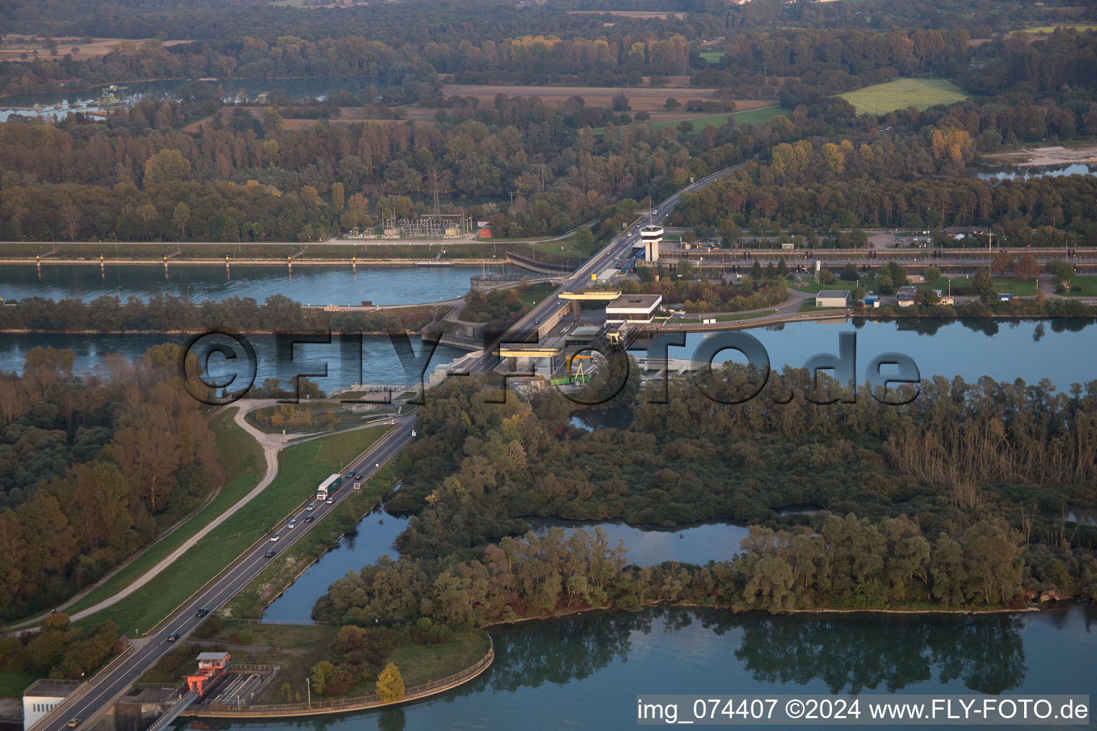 Locks - plants on the banks of the waterway of the Rhine EnBW Energie Baden-Wuerttemberg AG, Rheinkraftwerk Iffezheim in Iffezheim in the state Baden-Wurttemberg, Germany from above