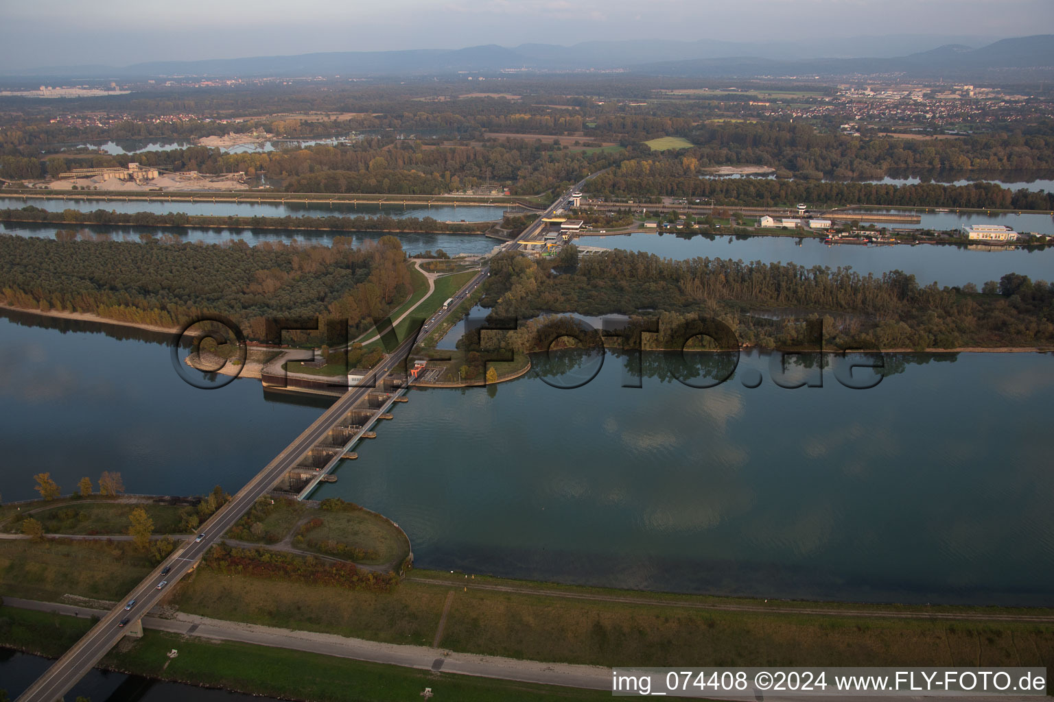 Locks - plants on the banks of the waterway of the Rhine EnBW Energie Baden-Wuerttemberg AG, Rheinkraftwerk Iffezheim in Iffezheim in the state Baden-Wurttemberg, Germany out of the air