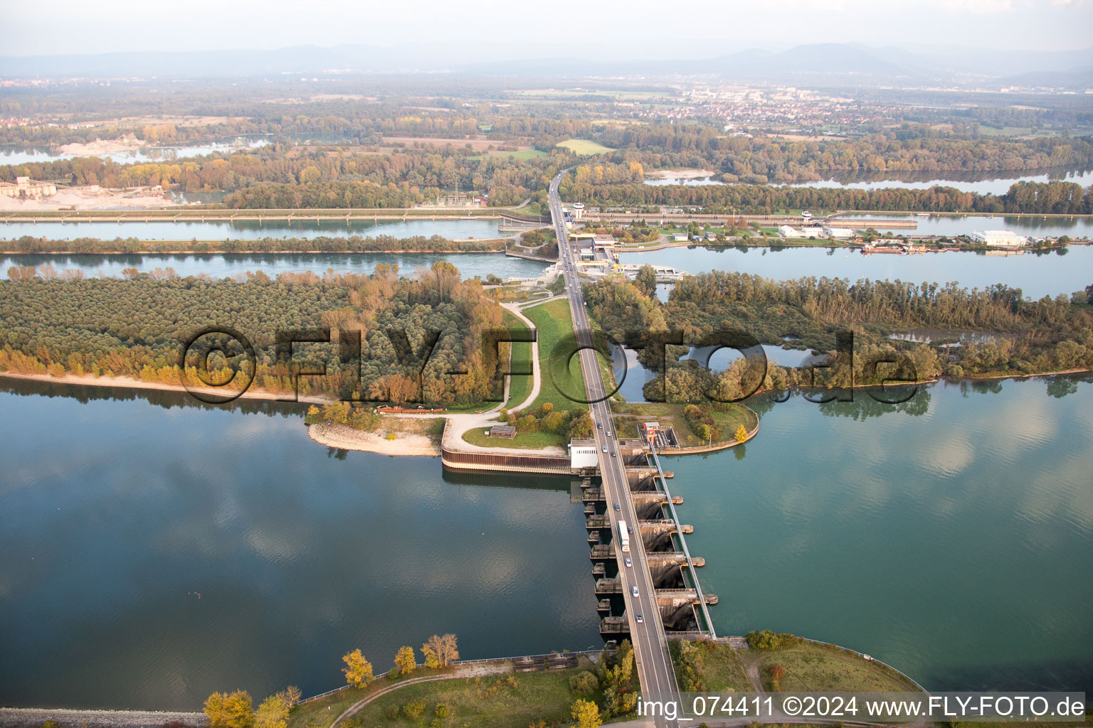 Sluice in Iffezheim in the state Baden-Wuerttemberg, Germany seen from above