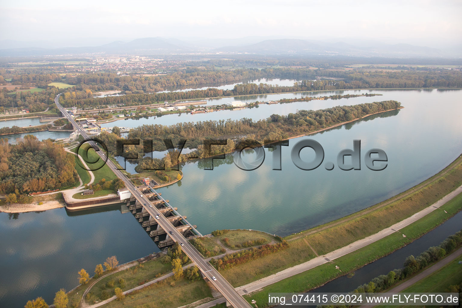 Sluice in Iffezheim in the state Baden-Wuerttemberg, Germany from the plane