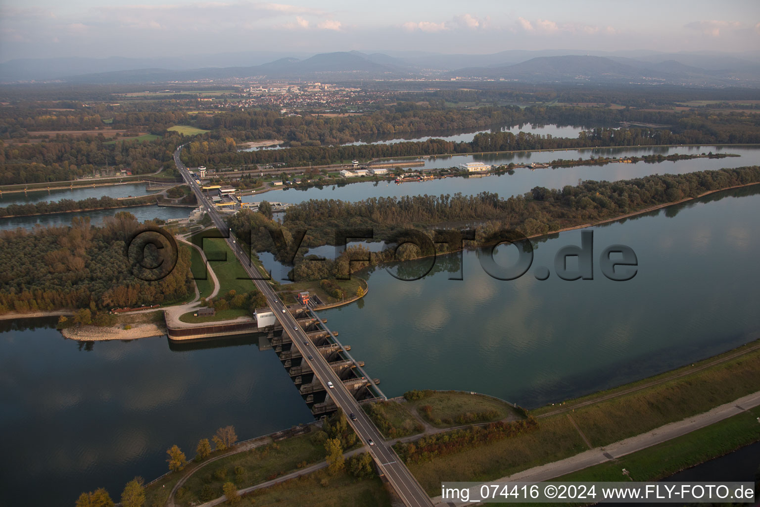 Locks - plants on the banks of the waterway of the Rhine EnBW Energie Baden-Wuerttemberg AG, Rheinkraftwerk Iffezheim in Iffezheim in the state Baden-Wurttemberg, Germany seen from above