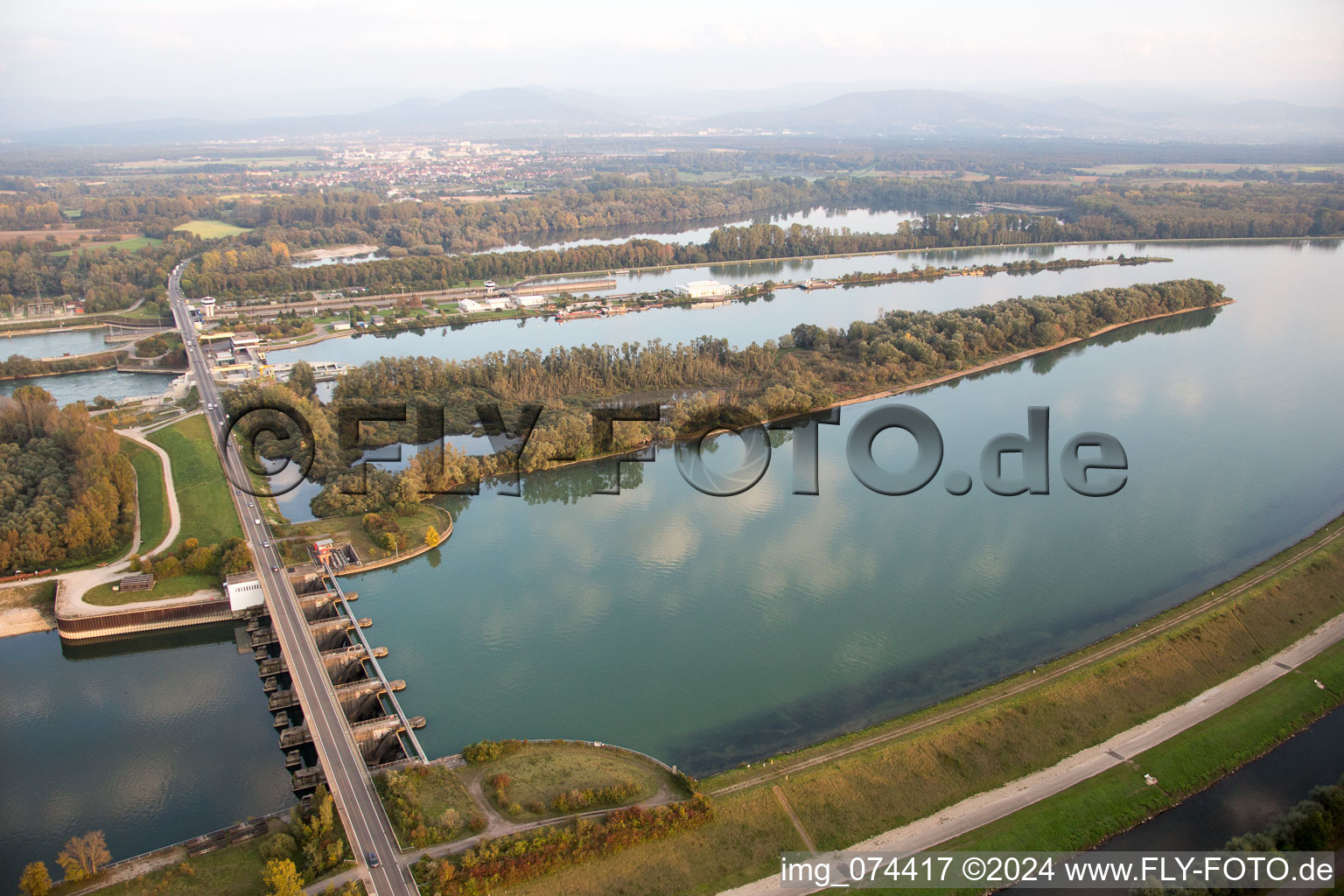 Bird's eye view of Sluice in Iffezheim in the state Baden-Wuerttemberg, Germany