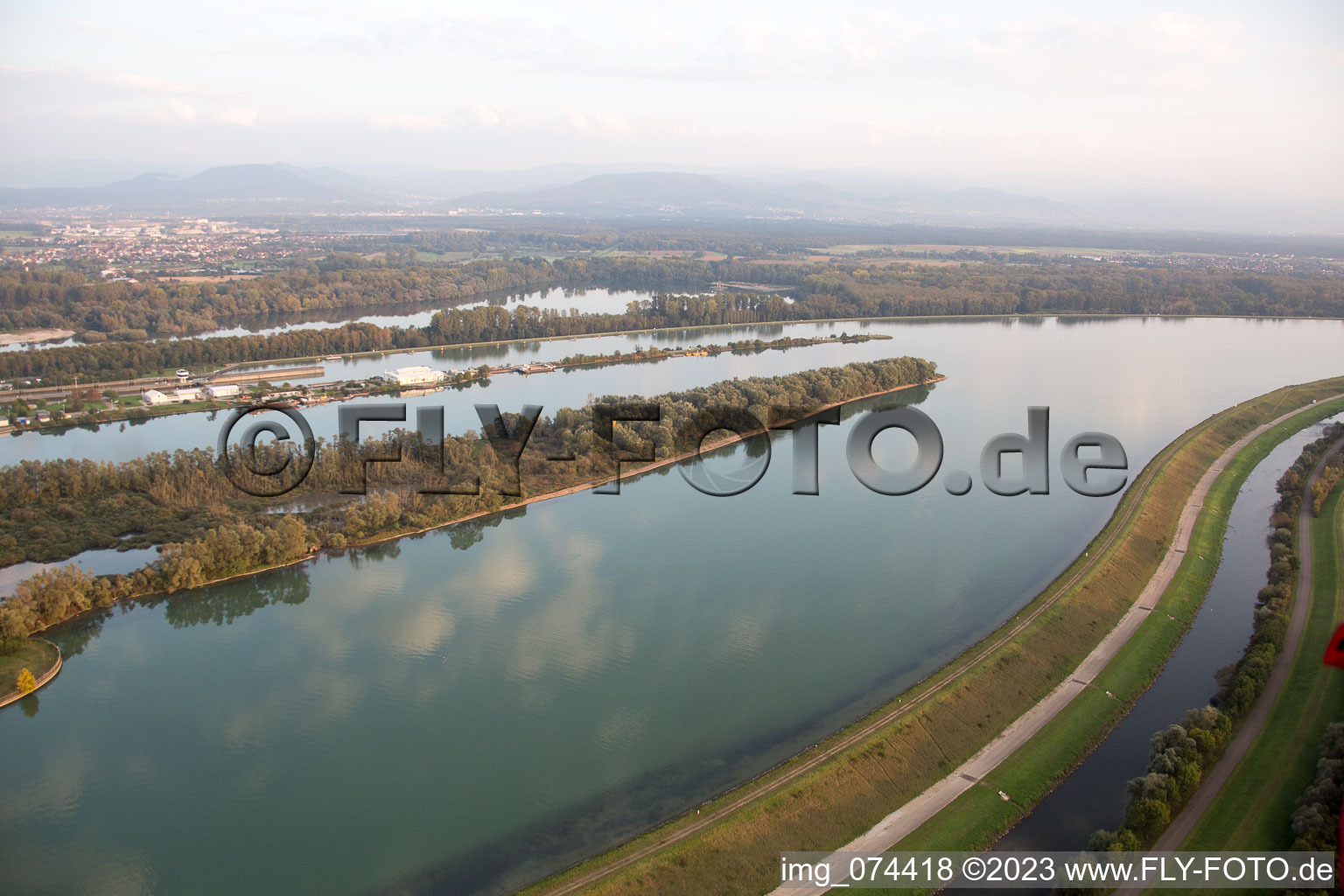 Sluice in Iffezheim in the state Baden-Wuerttemberg, Germany viewn from the air