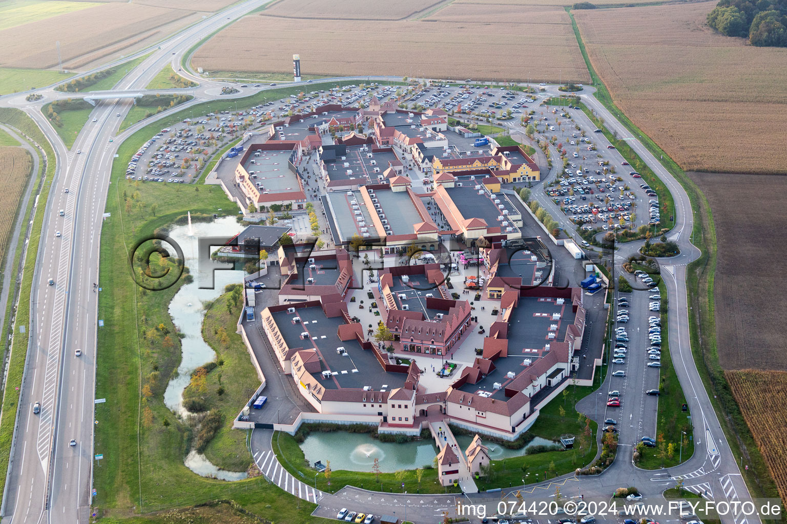 Aerial view of Building of the shopping center Roppenheim The Style Outlets in Roppenheim in Grand Est, France