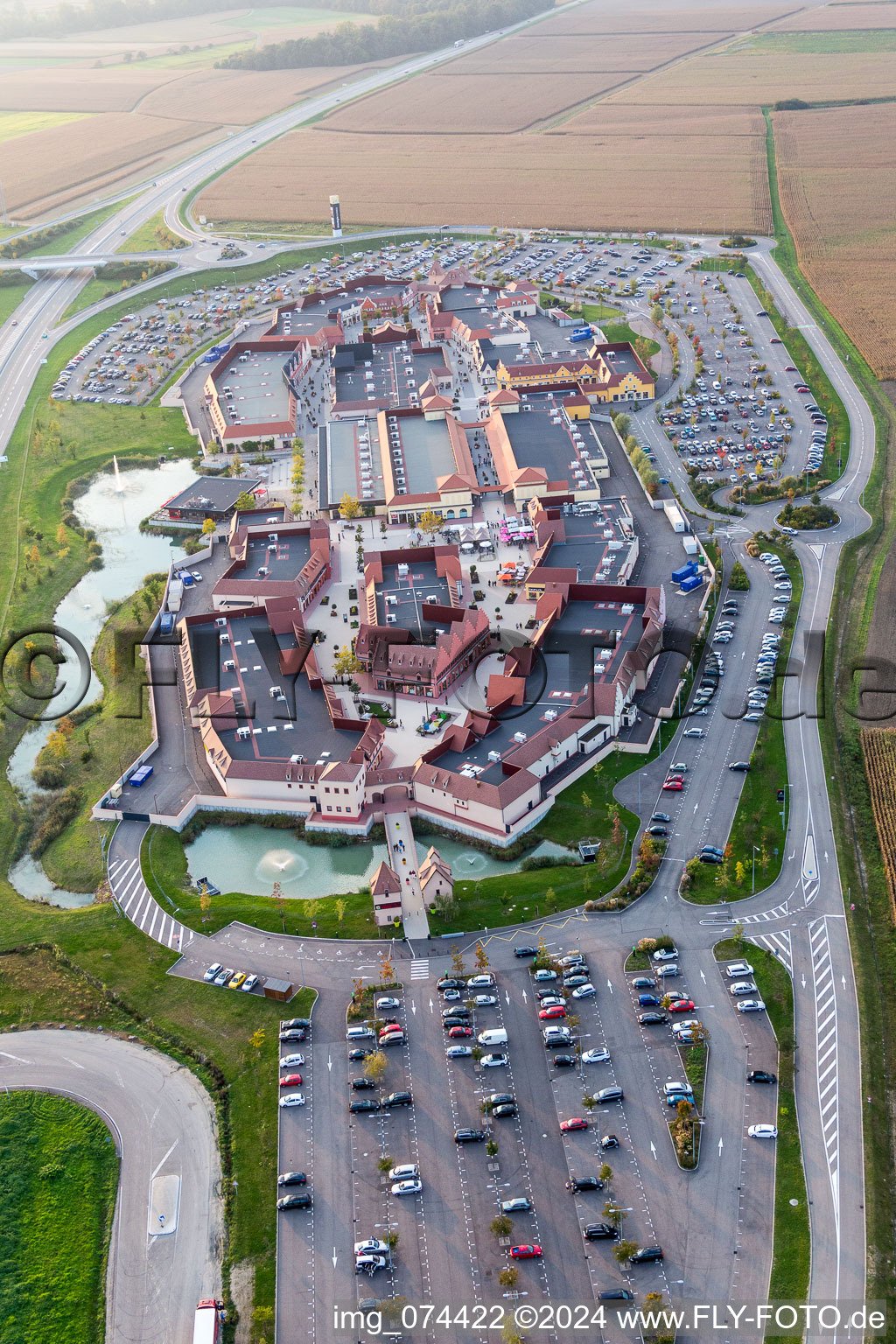 Aerial photograpy of Building of the shopping center Roppenheim The Style Outlets in Roppenheim in Grand Est, France