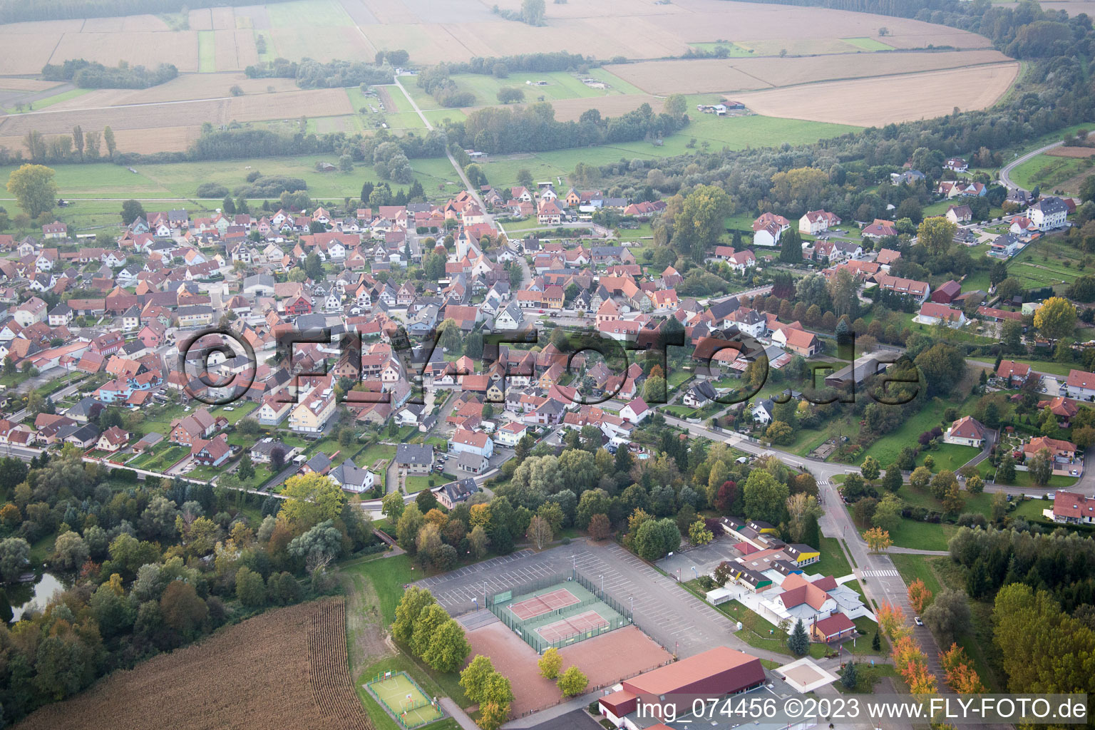 Beinheim in the state Bas-Rhin, France seen from a drone