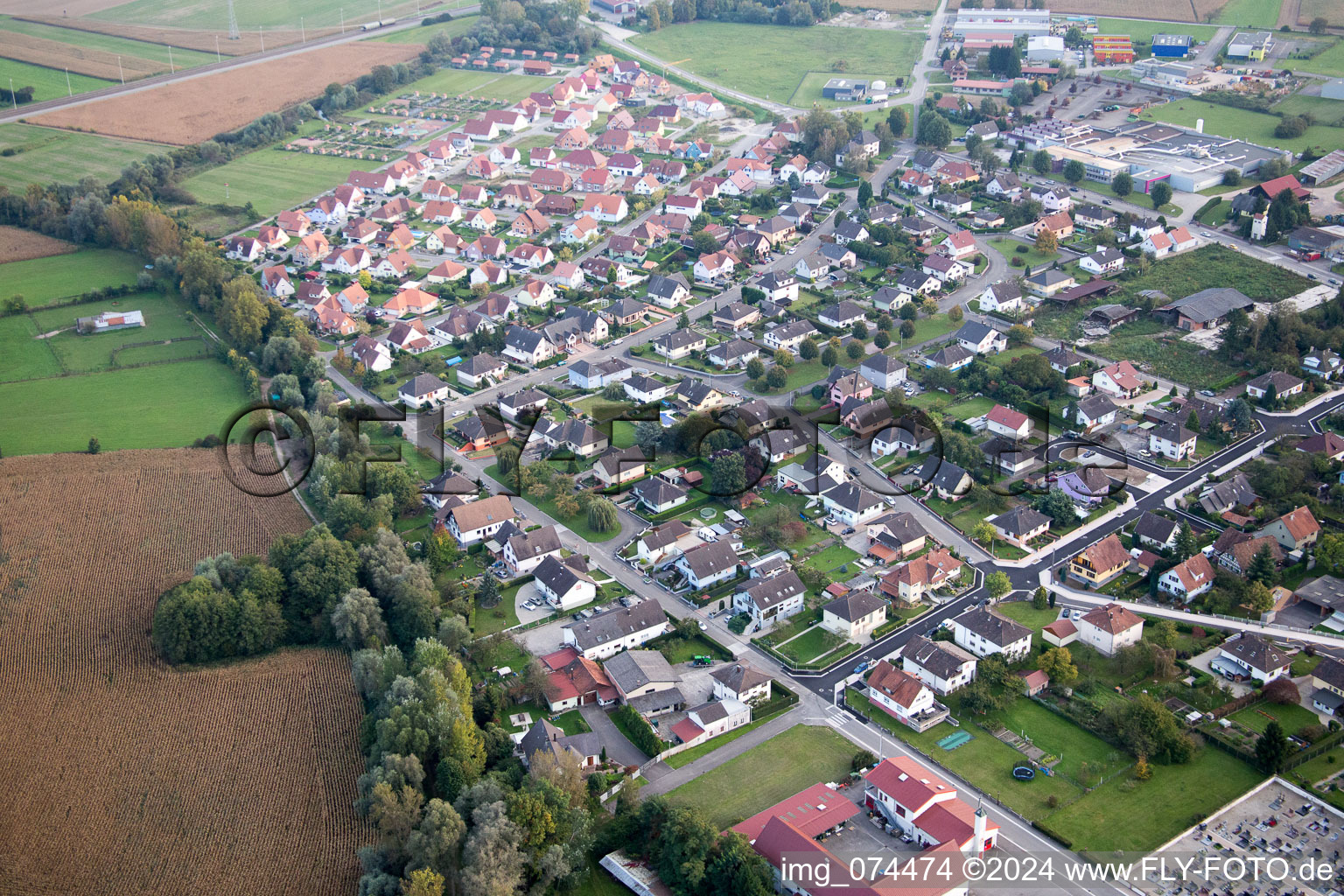 Beinheim in the state Bas-Rhin, France seen from a drone