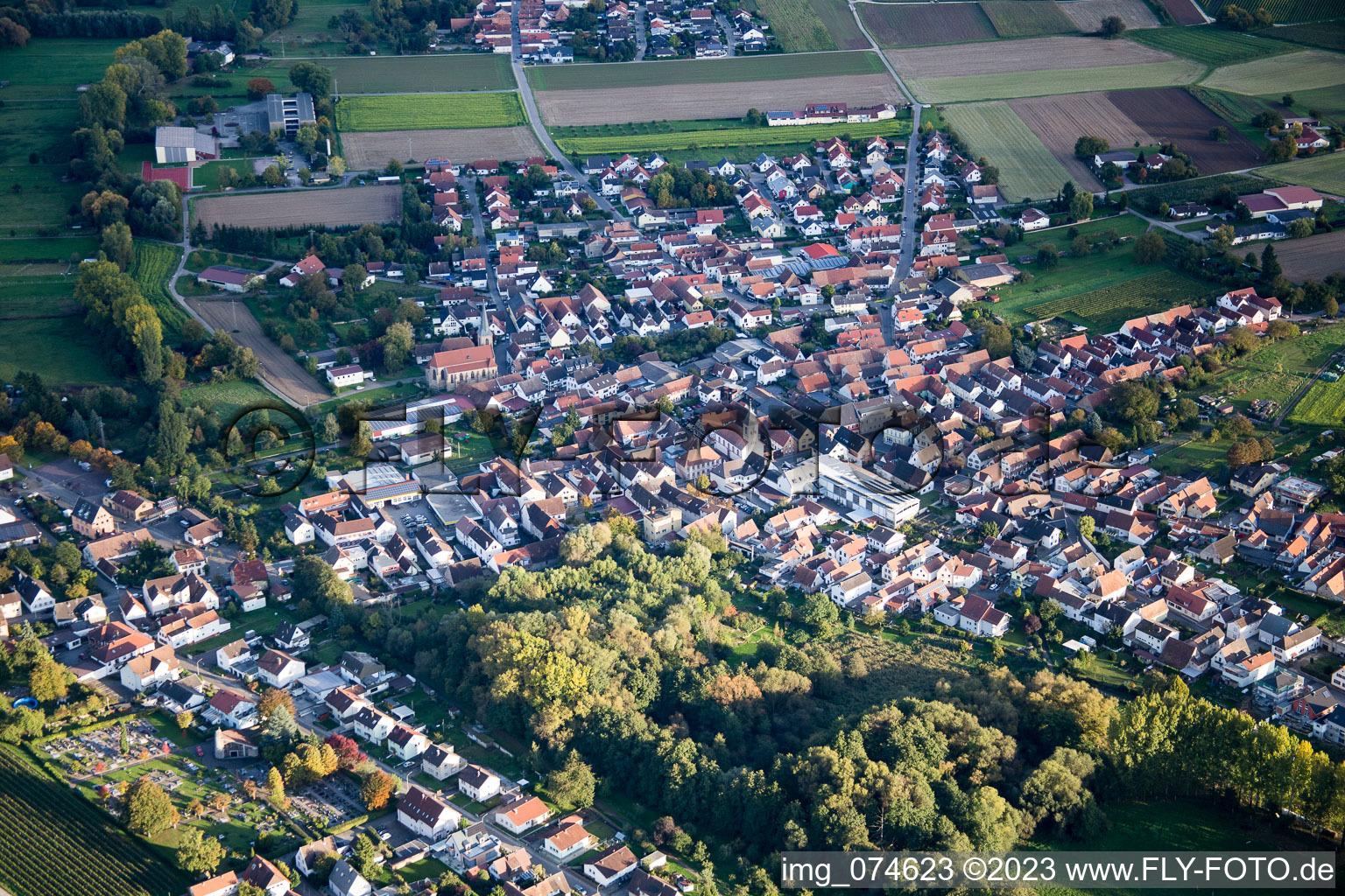 Aerial view of District Mühlhofen in Billigheim-Ingenheim in the state Rhineland-Palatinate, Germany