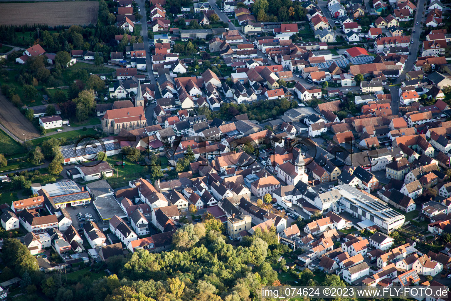 District Ingenheim in Billigheim-Ingenheim in the state Rhineland-Palatinate, Germany viewn from the air