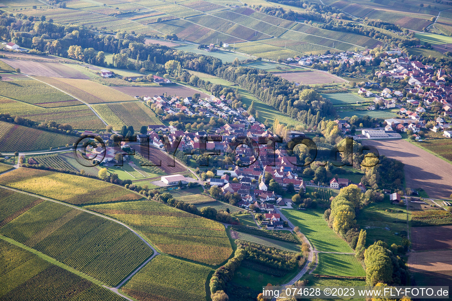 Oblique view of District Mühlhofen in Billigheim-Ingenheim in the state Rhineland-Palatinate, Germany