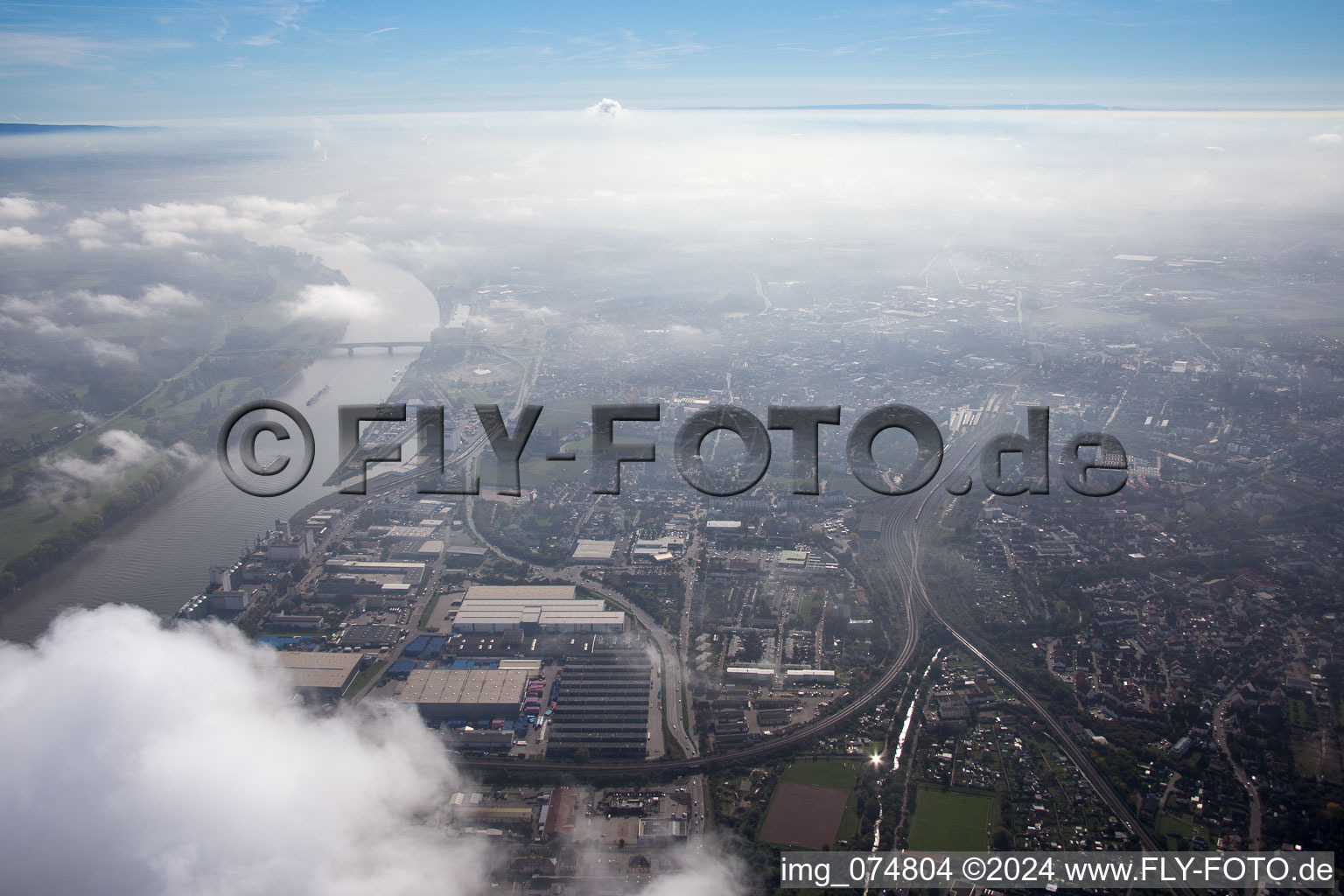 Aerial view of Harbor in Worms in the state Rhineland-Palatinate, Germany