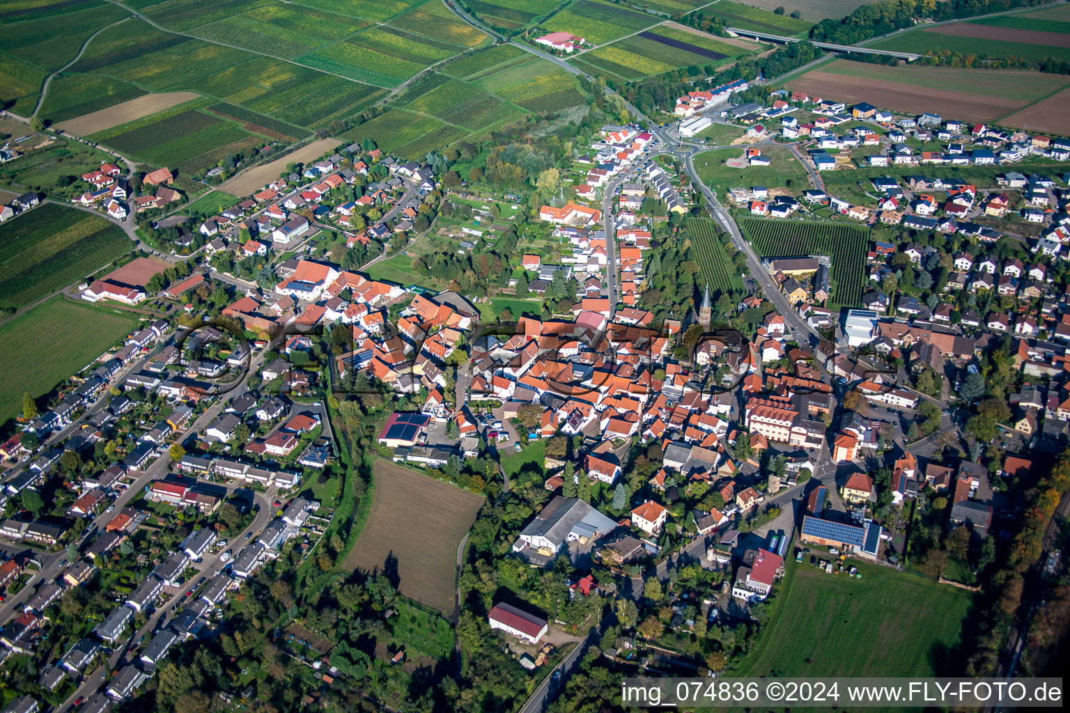 Aerial view of Town View of the streets and houses of the residential areas in the district Asselheim in Gruenstadt in the state Rhineland-Palatinate