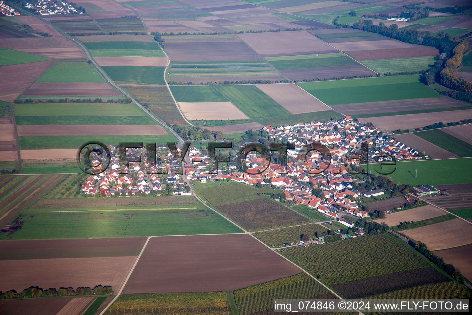 Village - view on the edge of agricultural fields and farmland in Kleinniedesheim in the state Rhineland-Palatinate, Germany