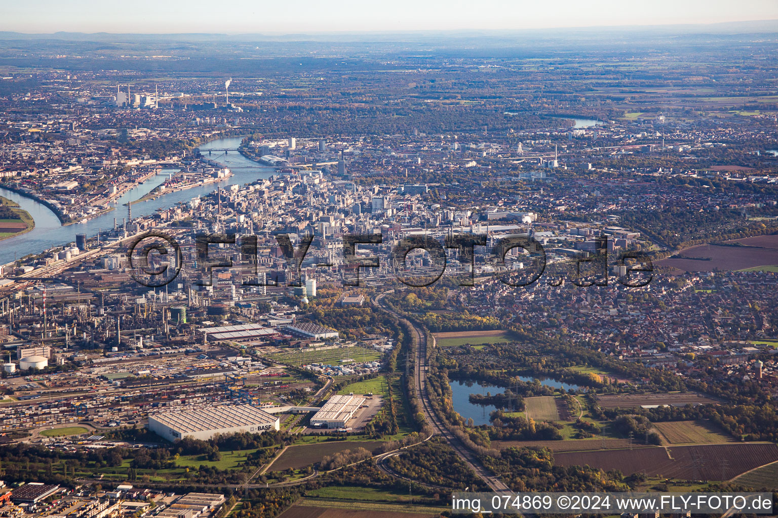 From the north in the district BASF in Ludwigshafen am Rhein in the state Rhineland-Palatinate, Germany