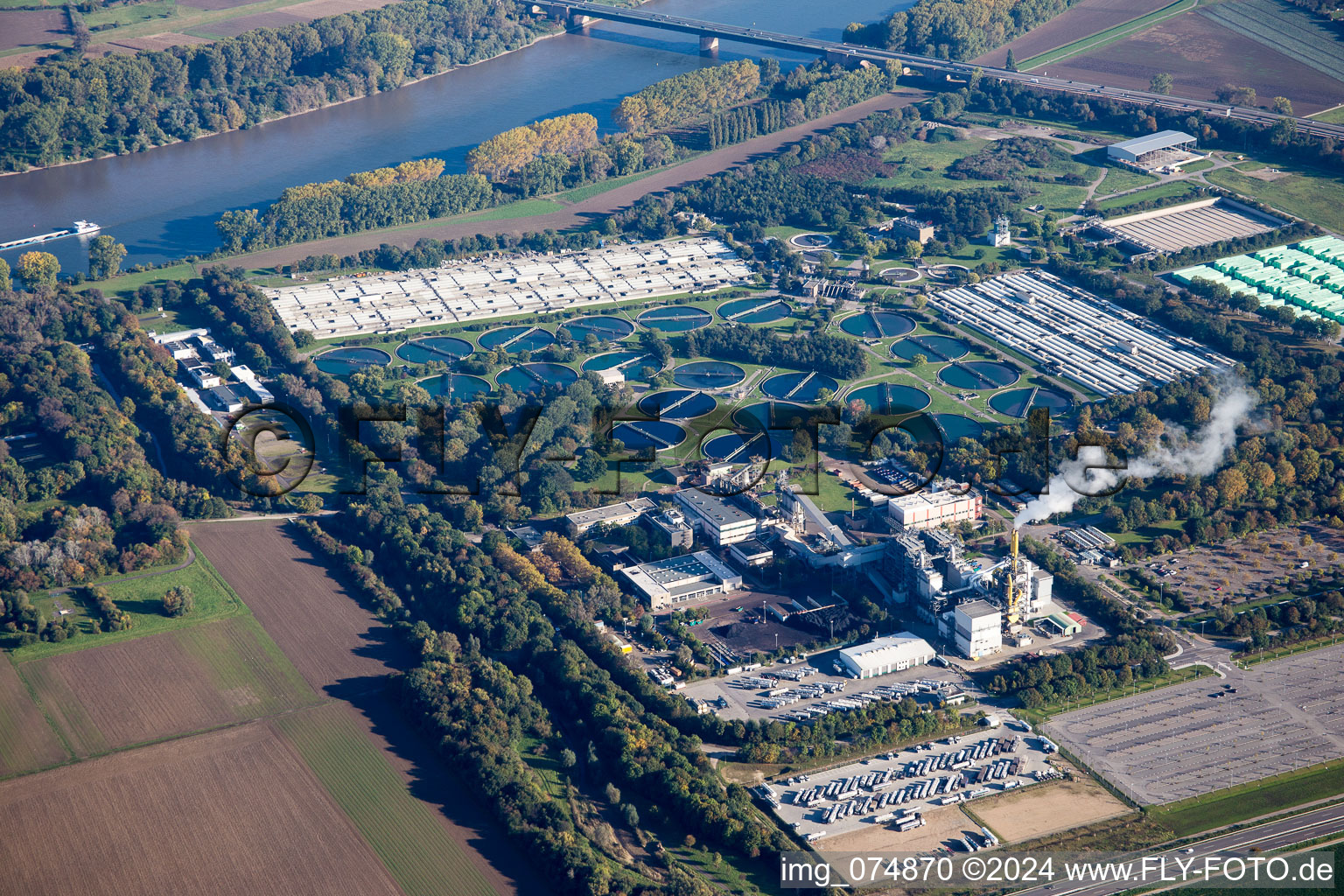 Aerial view of BASF sewage treatment plant in the district Mörsch in Frankenthal in the state Rhineland-Palatinate, Germany