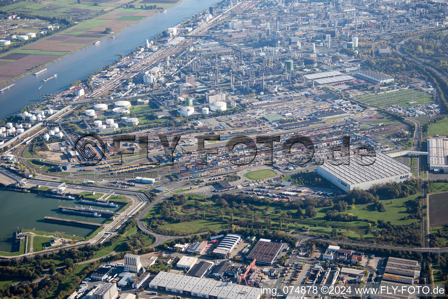 Aerial view of From the north in the district BASF in Ludwigshafen am Rhein in the state Rhineland-Palatinate, Germany