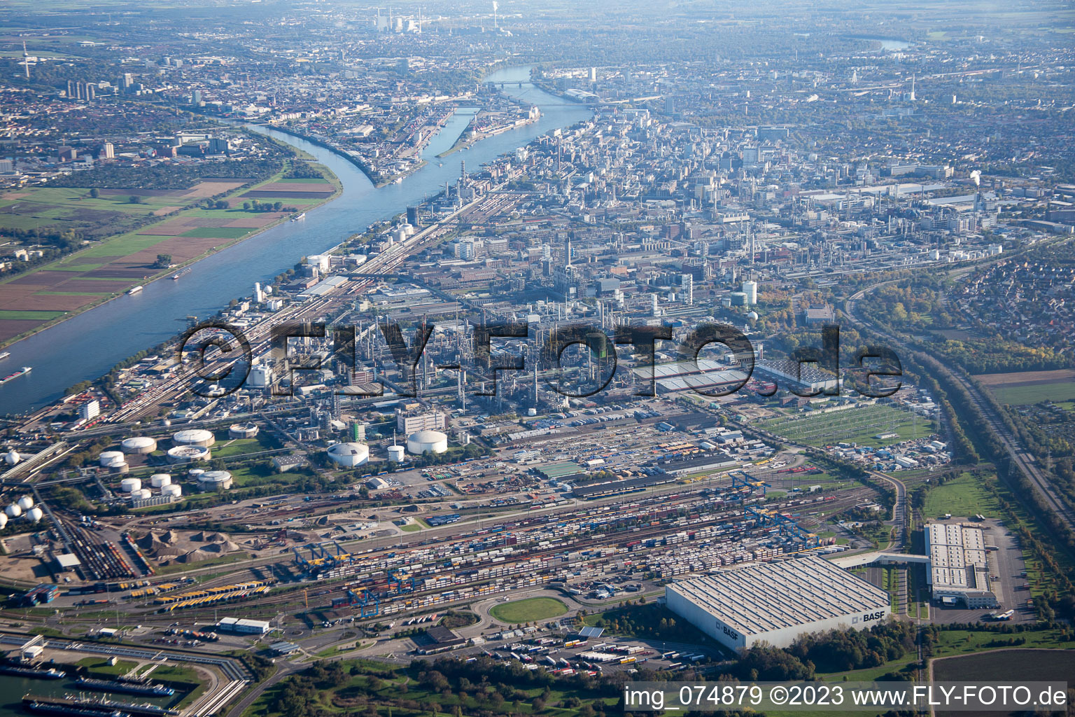 Aerial photograpy of From the north in the district BASF in Ludwigshafen am Rhein in the state Rhineland-Palatinate, Germany