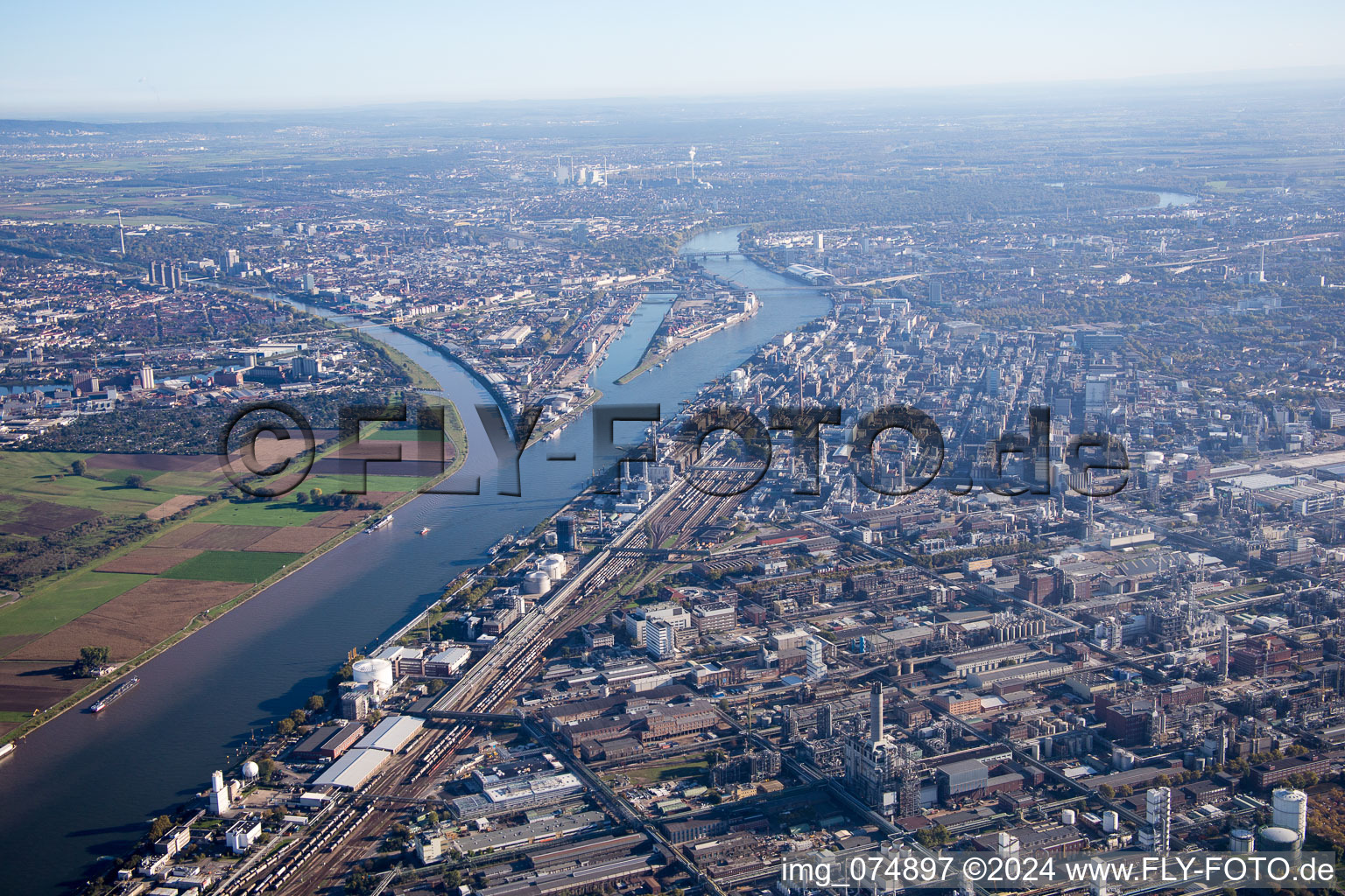 Drone recording of From the north in the district BASF in Ludwigshafen am Rhein in the state Rhineland-Palatinate, Germany