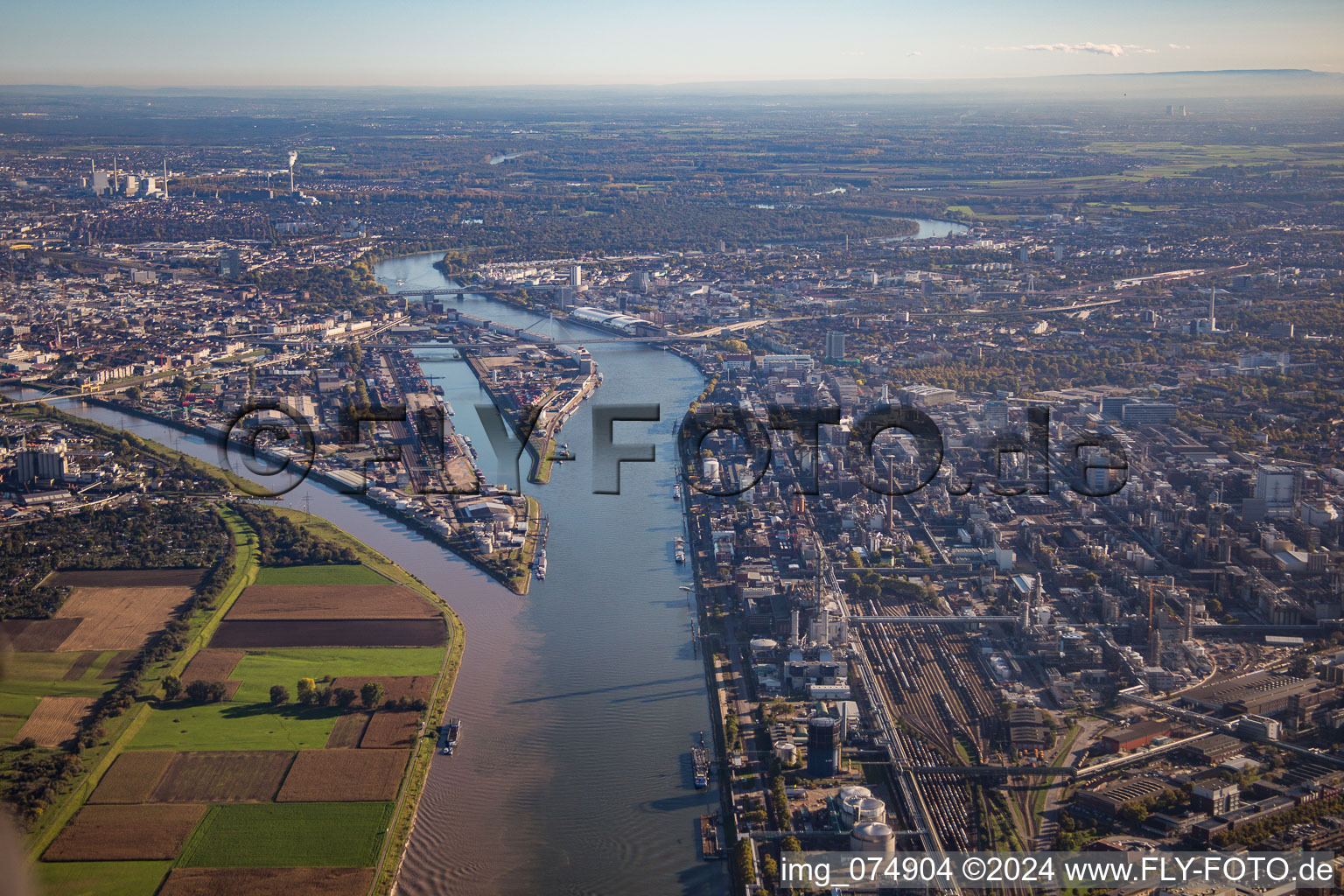 Aerial view of Mühlauhafen and Neckar estuary in the district Innenstadt in Mannheim in the state Baden-Wuerttemberg, Germany