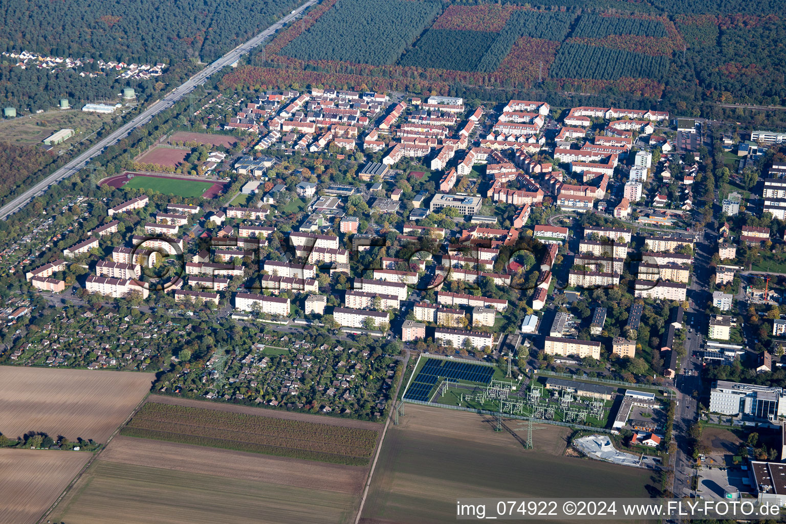 Aerial view of District Schönau in Mannheim in the state Baden-Wuerttemberg, Germany